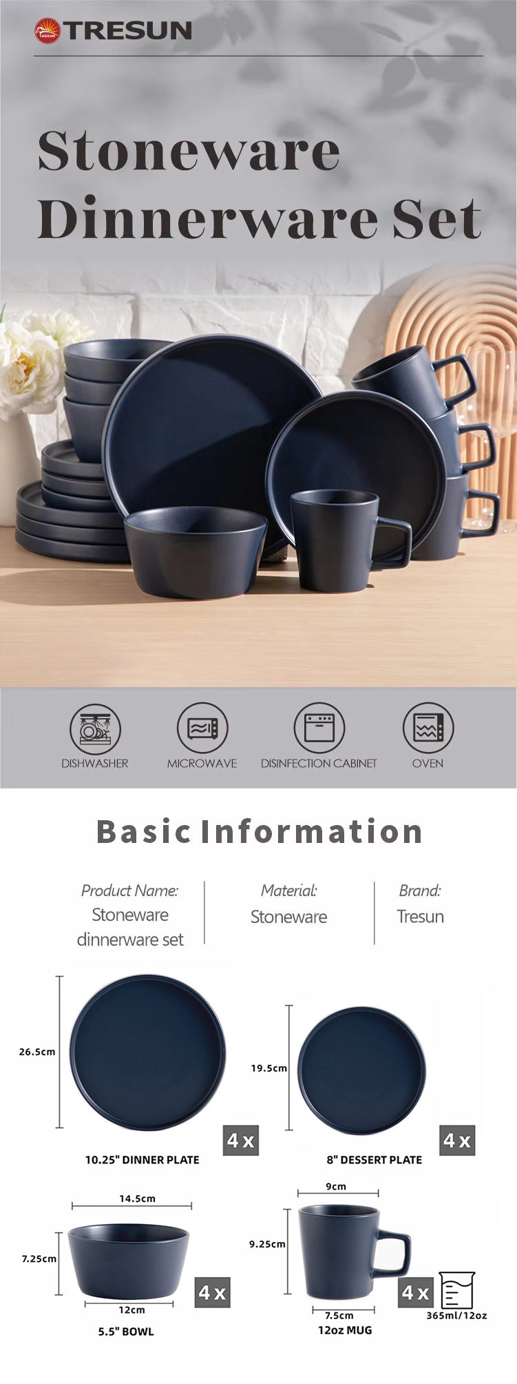 Tresun® 16-Piece Matte Blue Stoneware Dinnerware Set | Service for 4
