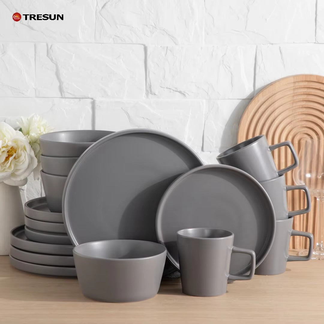 Tresun®16 Pcs Matte Grey Stoneware Dinnerware Set | Service for 4