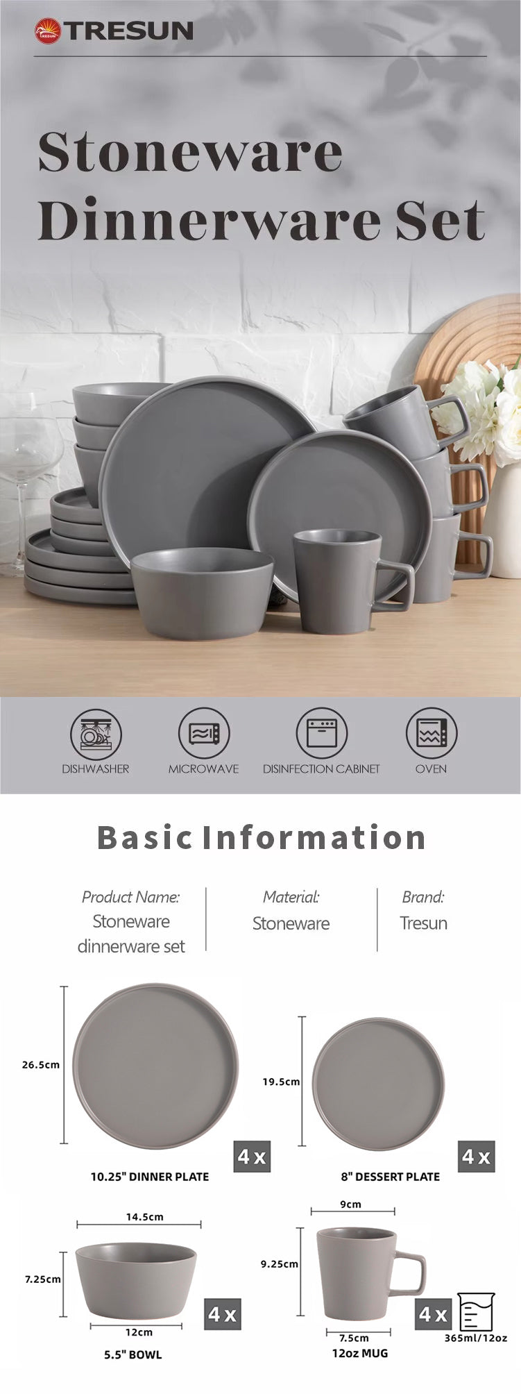 Tresun®16 Pcs Matte Grey Stoneware Dinnerware Set | Service for 4