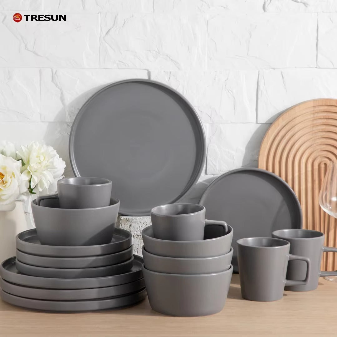 Tresun®16 Pcs Matte Grey Stoneware Dinnerware Set | Service for 4