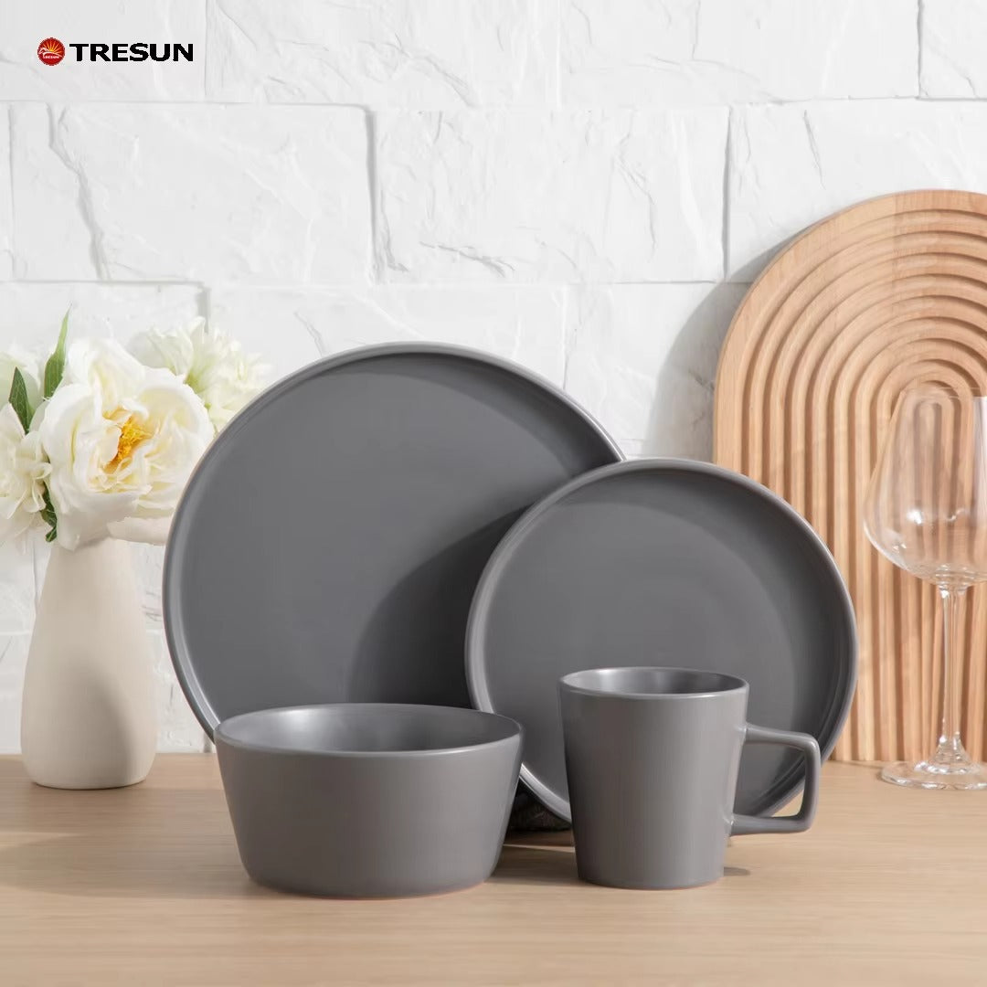 Tresun®16 Pcs Matte Grey Stoneware Dinnerware Set | Service for 4