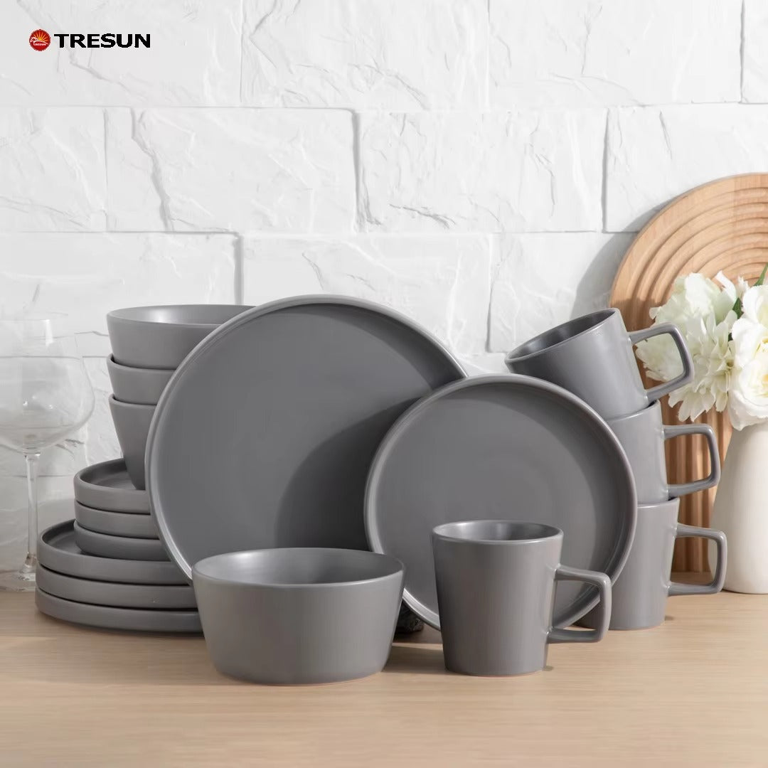 Tresun®16 Pcs Matte Grey Stoneware Dinnerware Set | Service for 4