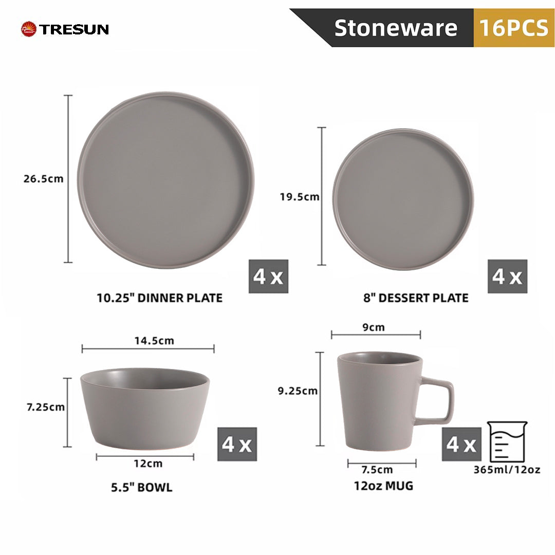 Tresun®16 Pcs Matte Grey Stoneware Dinnerware Set | Service for 4