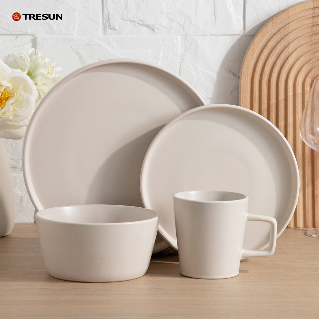 Tresun®16 Pcs Matte beige Serving Stoneware Dinnerware Set | Service for 4