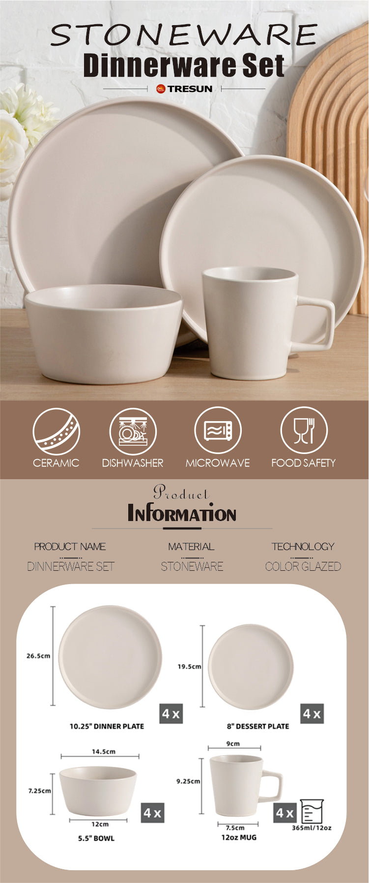 Tresun®16 Pcs Matte beige Serving Stoneware Dinnerware Set | Service for 4