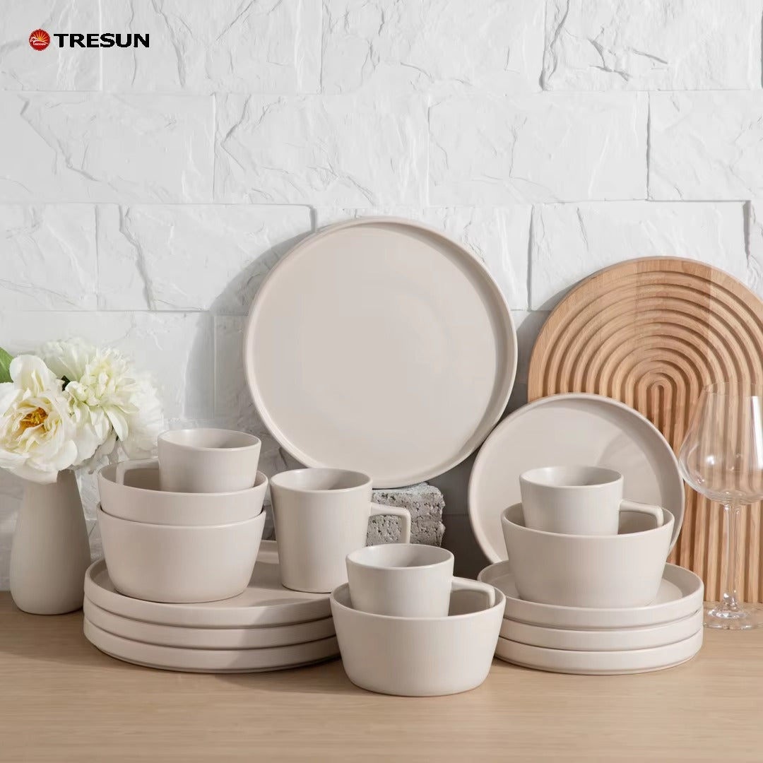 Tresun®16 Pcs Matte beige Serving Stoneware Dinnerware Set | Service for 4