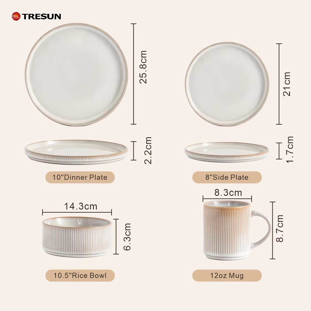 Tresun®16 Pieces White Embossed Stoneware dinnerware set | Service for 4