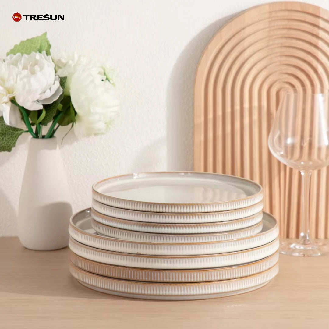 Tresun®16 Pieces White Embossed Stoneware dinnerware set | Service for 4