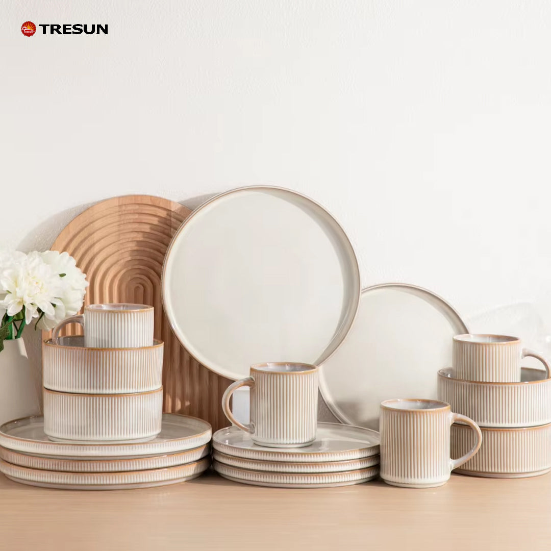 Tresun®16 Pieces White Embossed Stoneware dinnerware set | Service for 4