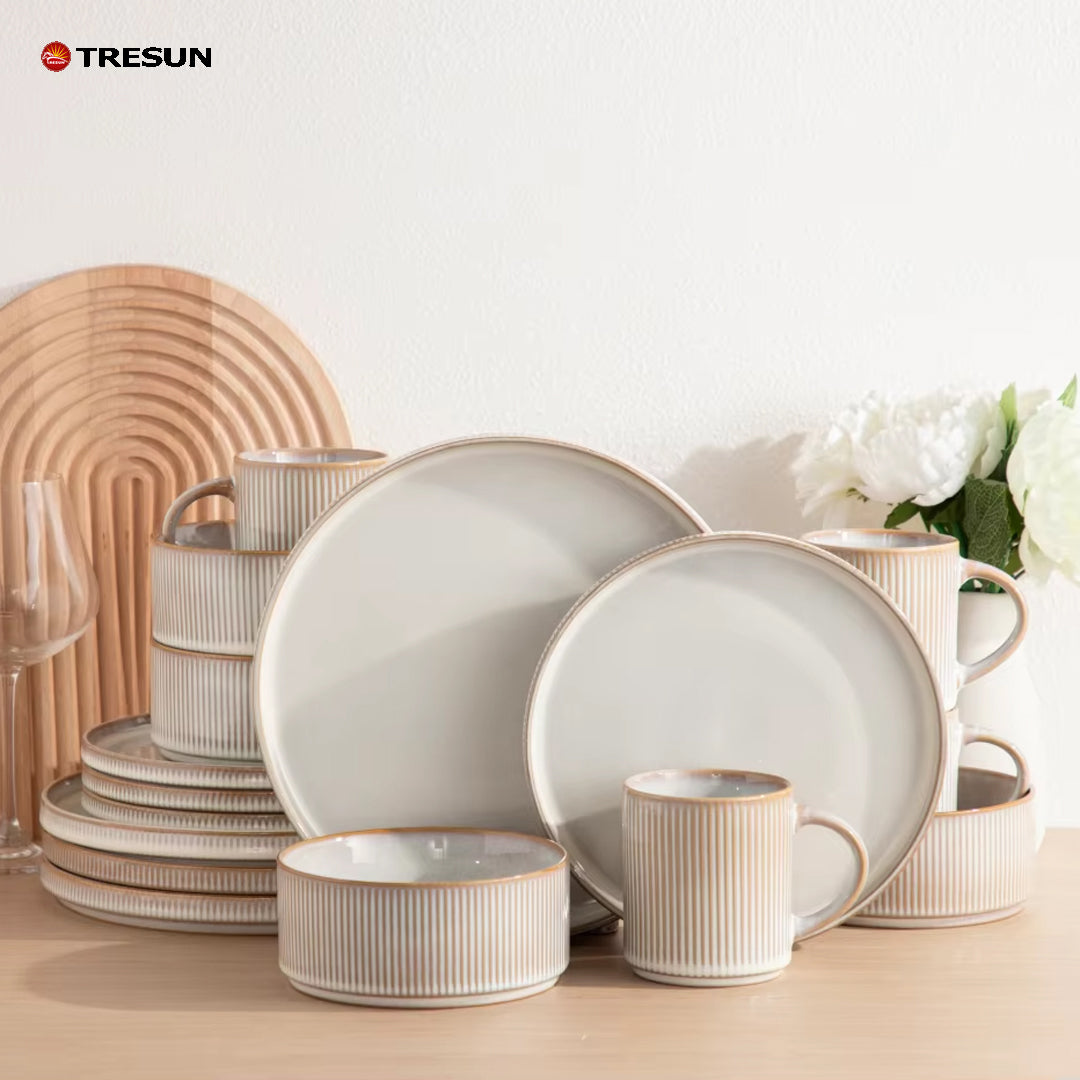 Tresun®16 Pieces White Embossed Stoneware dinnerware set | Service for 4