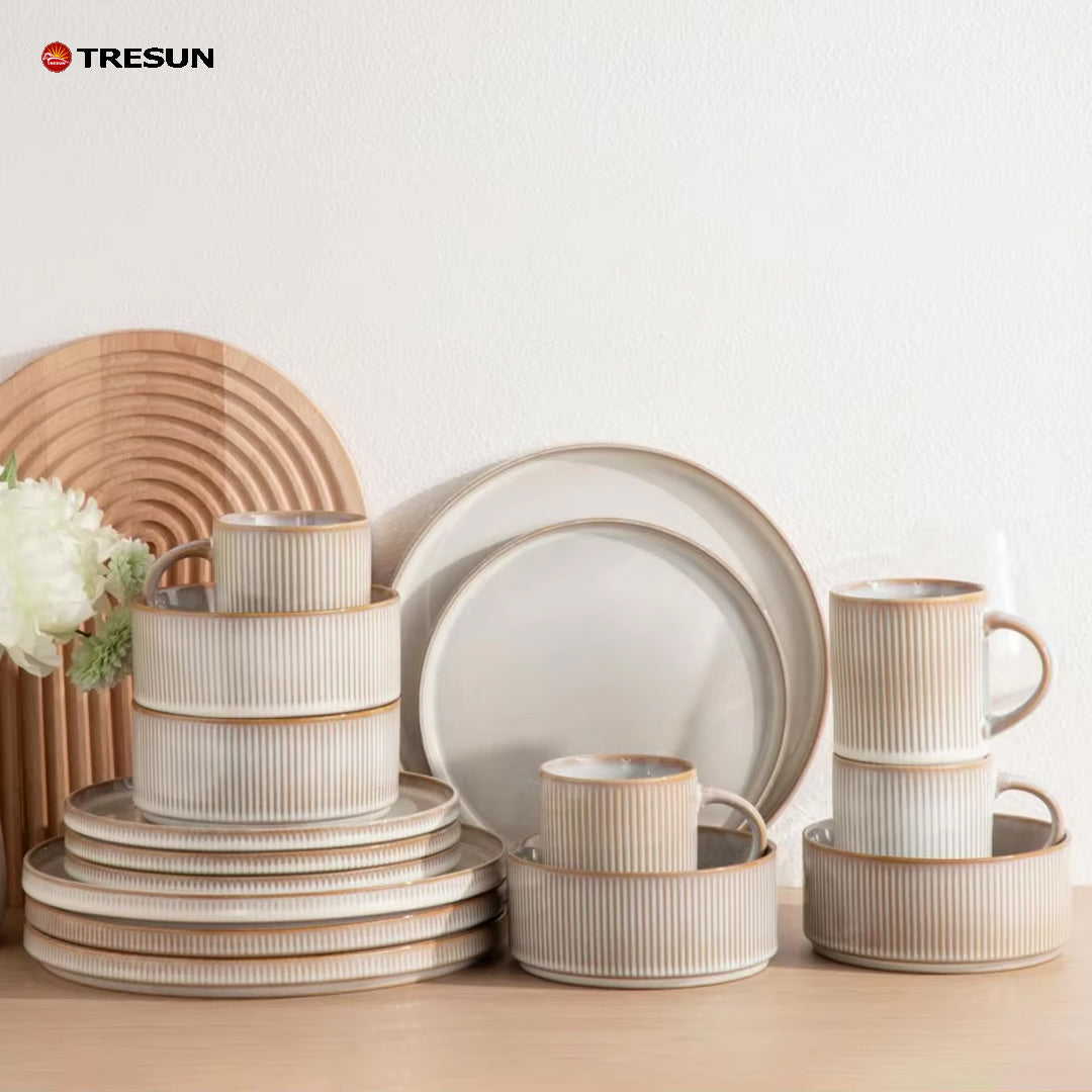 Tresun®16 Pieces White Embossed Stoneware dinnerware set | Service for 4