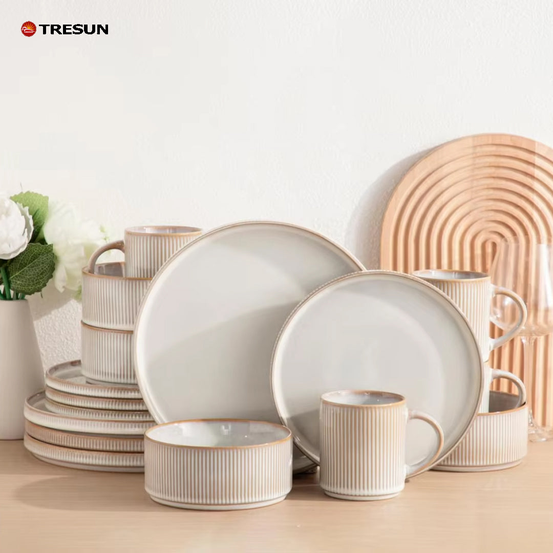Tresun®16 Pieces White Embossed Stoneware dinnerware set | Service for 4