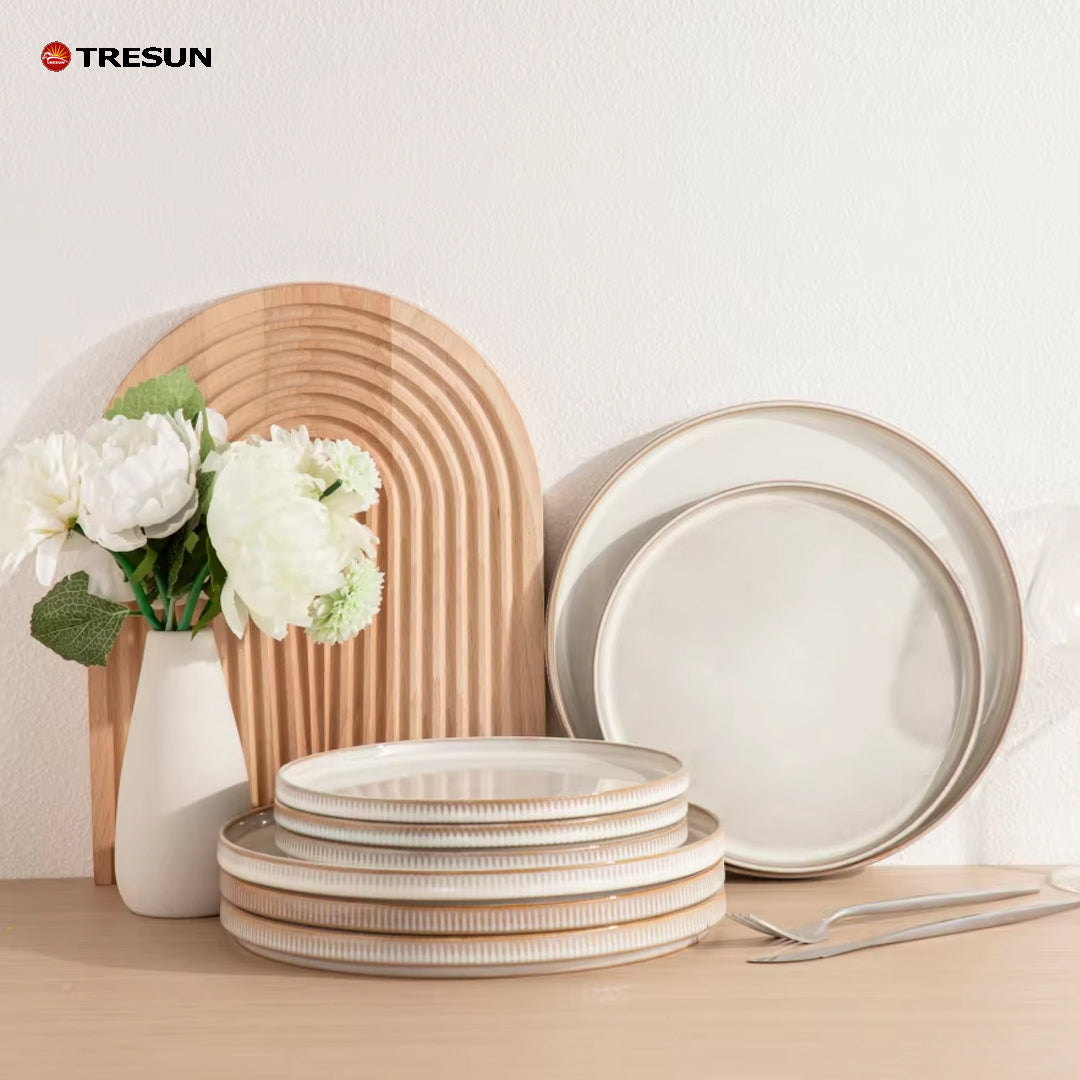 Tresun®16 Pieces White Embossed Stoneware dinnerware set | Service for 4