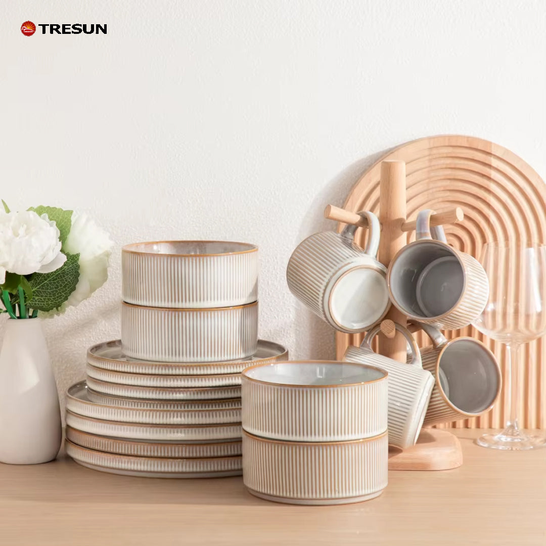 Tresun®16 Pieces White Embossed Stoneware dinnerware set | Service for 4