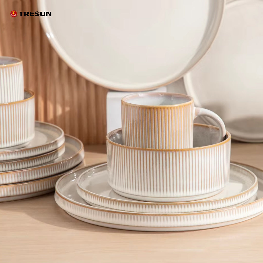 Tresun®16 Pieces White Embossed Stoneware dinnerware set | Service for 4