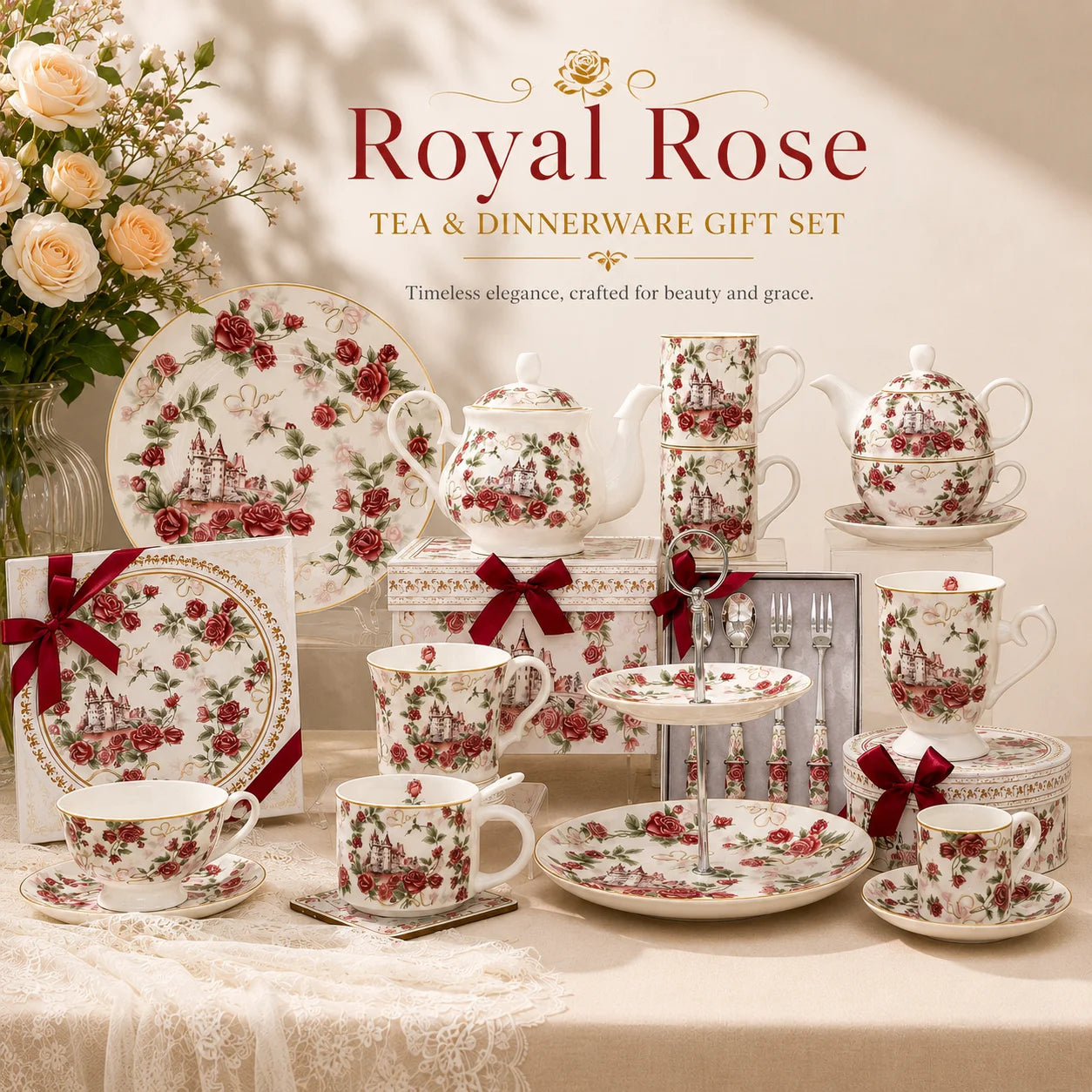 Cute Castle Rose Design Two Ceramic Coffee Mug Sets Christmas Gifts Cup with Handle for Home Use