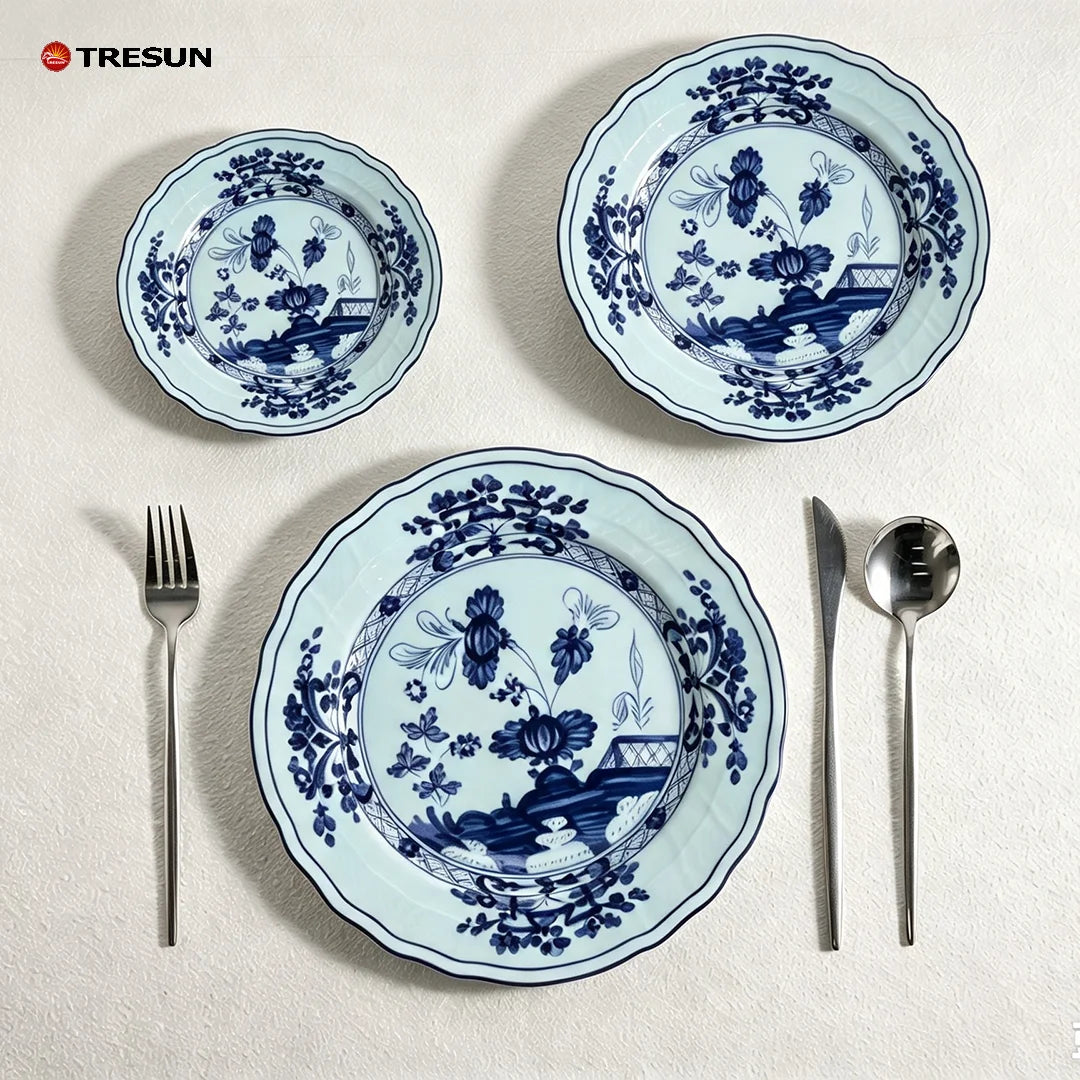 Pink Flower Wedding Dinnerware Set Wholesale Ceramic Charger Plate Collection Rental Porcelain Gold Rim Plate Dish