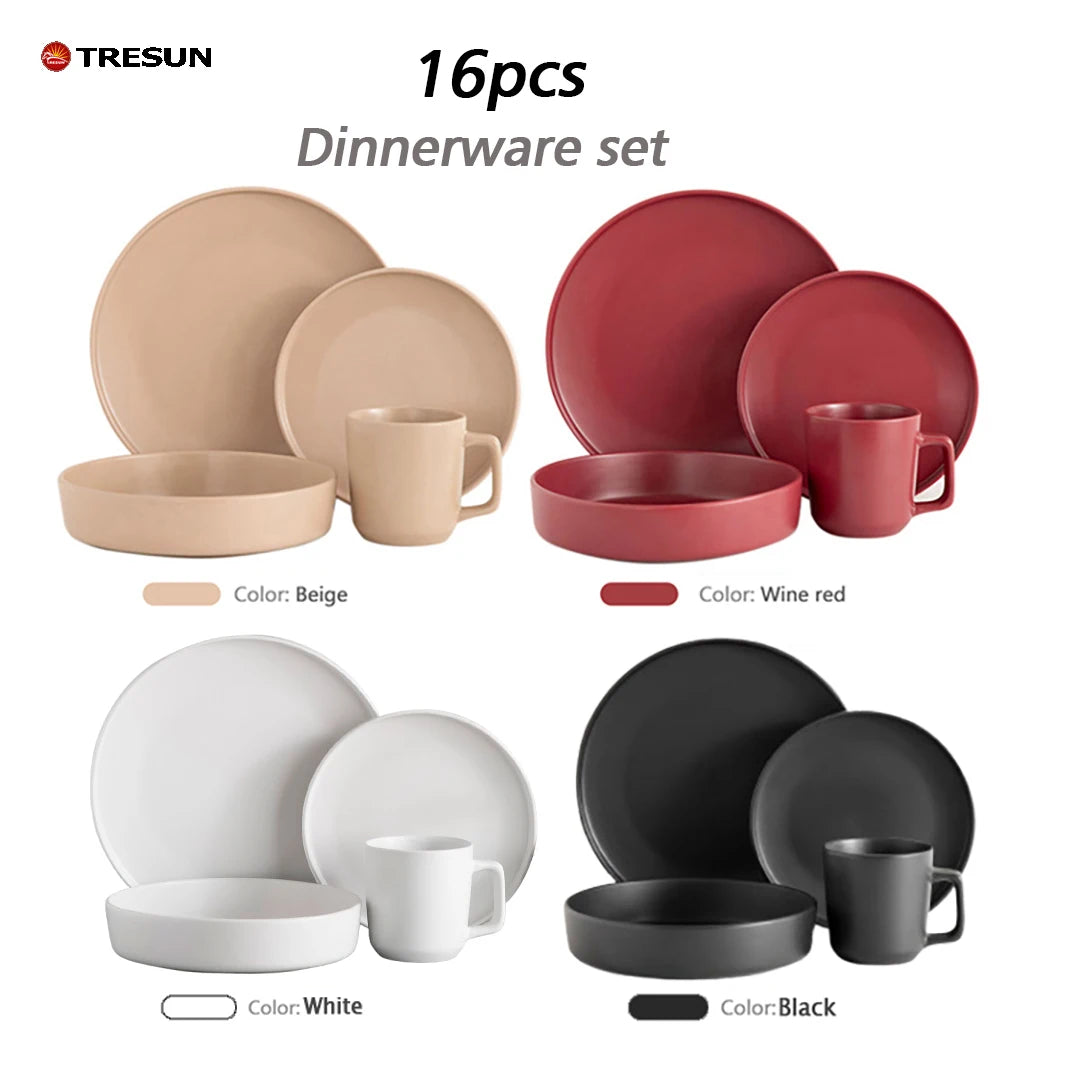 Luxury Sample Available Vajillas 16-Piece Classic Beige Matte Ceramic Dinnerware Set for 4 with Mug Dishwasher & Microwave Safe