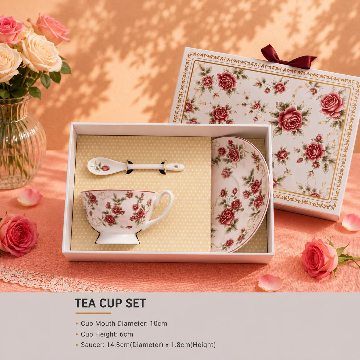 Pink  Ceramic Cup With Plate Set Rose Design Coffee Mug Ceramic Cup for Office Use Business Gift