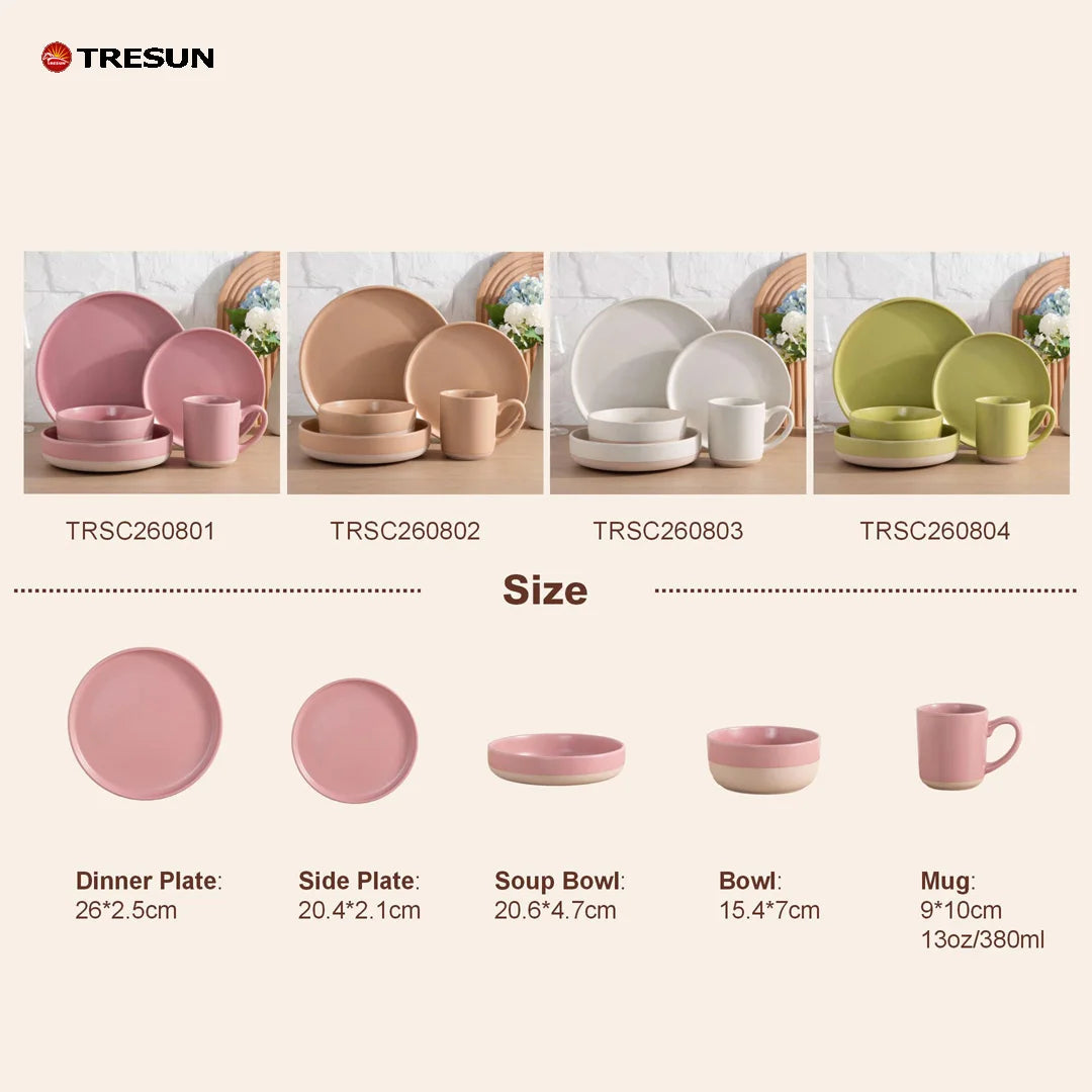 Pink Handmade Glaze Ceramic Dinnerware Set Two Tone Stoneware Plates Bowls Mugs for Home Restaurant Wholesale