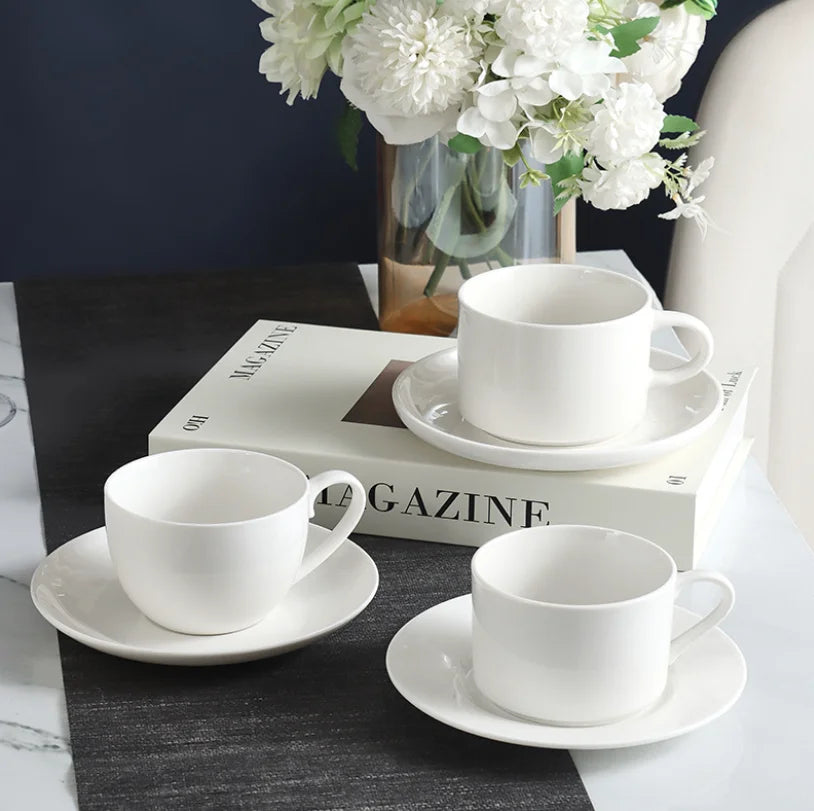 Hotel Cafe White Porcelain Embossed Coffee Cup And Saucer Set Custom Logo Restaurant Tea Cup Wholesale