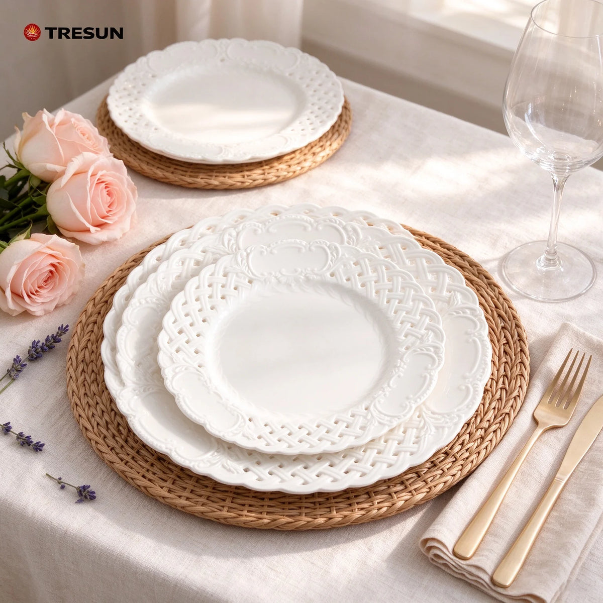 French Retro White Porcelain Hollow Lace Plates Embossed Ceramic Dessert Salad Plates for Home Afternoon Tea Decor
