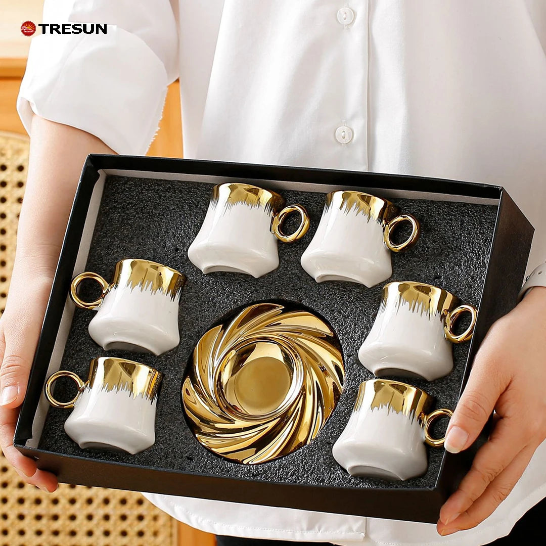 Luxury Gold Plated 250ml Porcelain Coffee Cup with Saucer Small Tea Mug Set of 6 Microwave Safe Dishwasher Safe Eco-Friendly