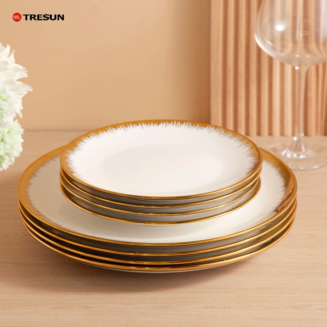 Customized Logo Pattern Gold Rim White Ceramic Dinnerware Set European Luxury Royals Dinner Plates Set