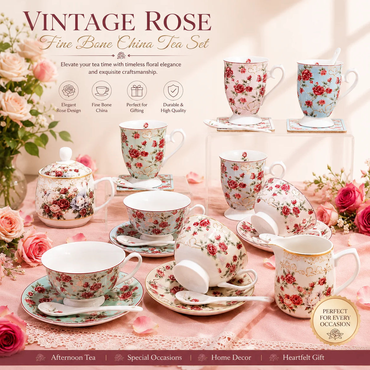 Pink  Ceramic Cup With Plate Set Rose Design Coffee Mug Ceramic Cup for Office Use Business Gift