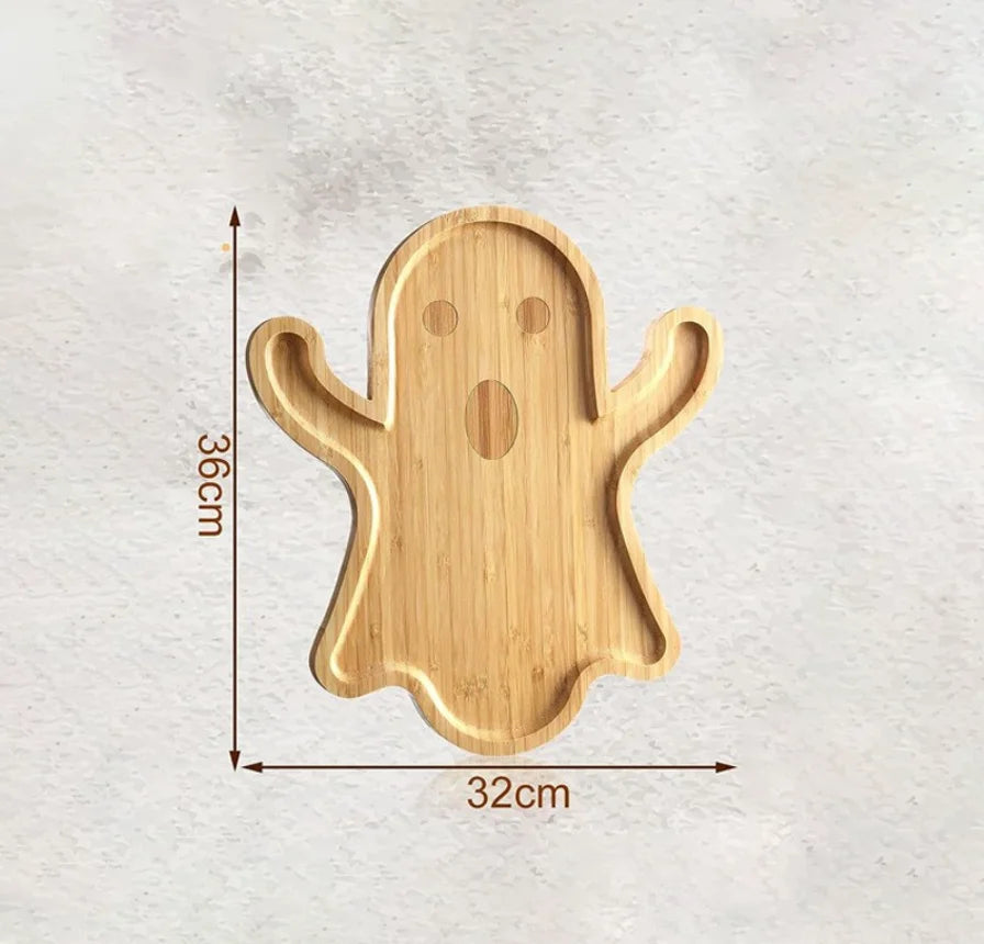 Wholesale Cute Ghost Shaped Bamboo Serving Tray, 36x32cm Natural Wood Halloween Snack Platter for Party Home, Holiday Gift