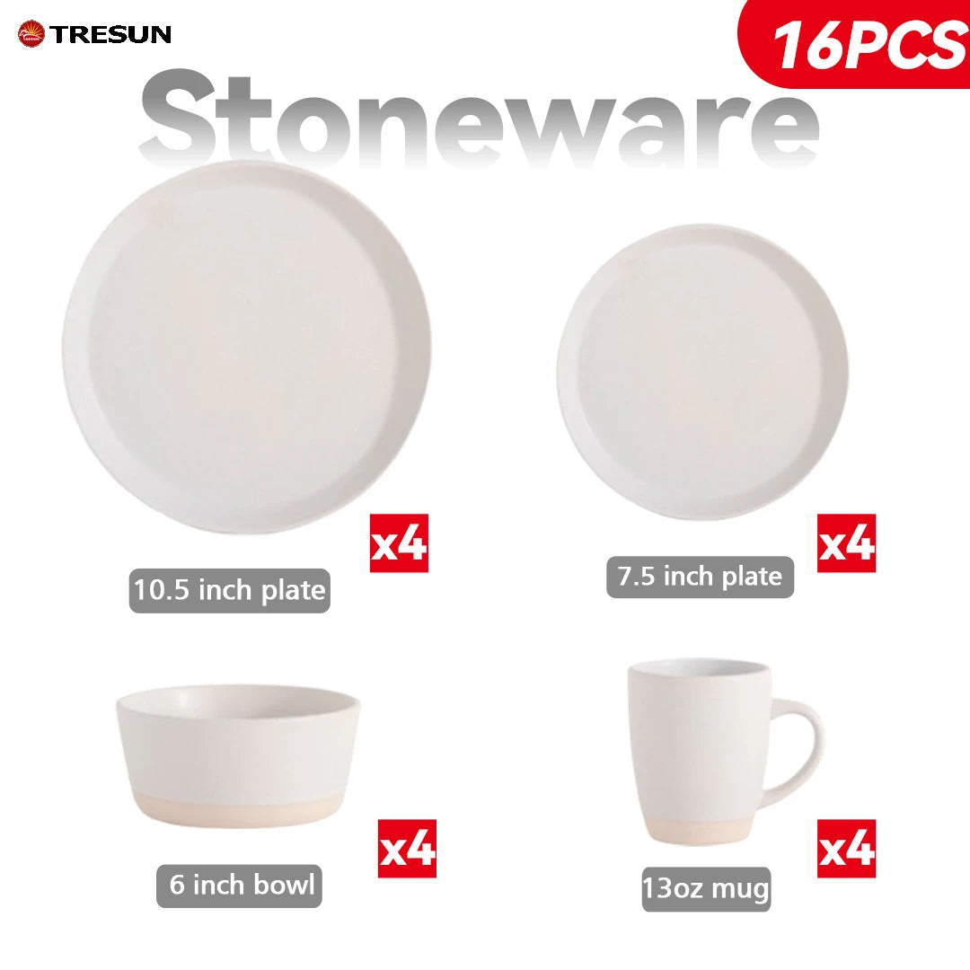 Wholesale Cheap Price TRESUN Brand Ceramic Stoneware 16-Piece Luxury White Galzed Dinnerware Set Dishwasher Safe for 4 Wedding
