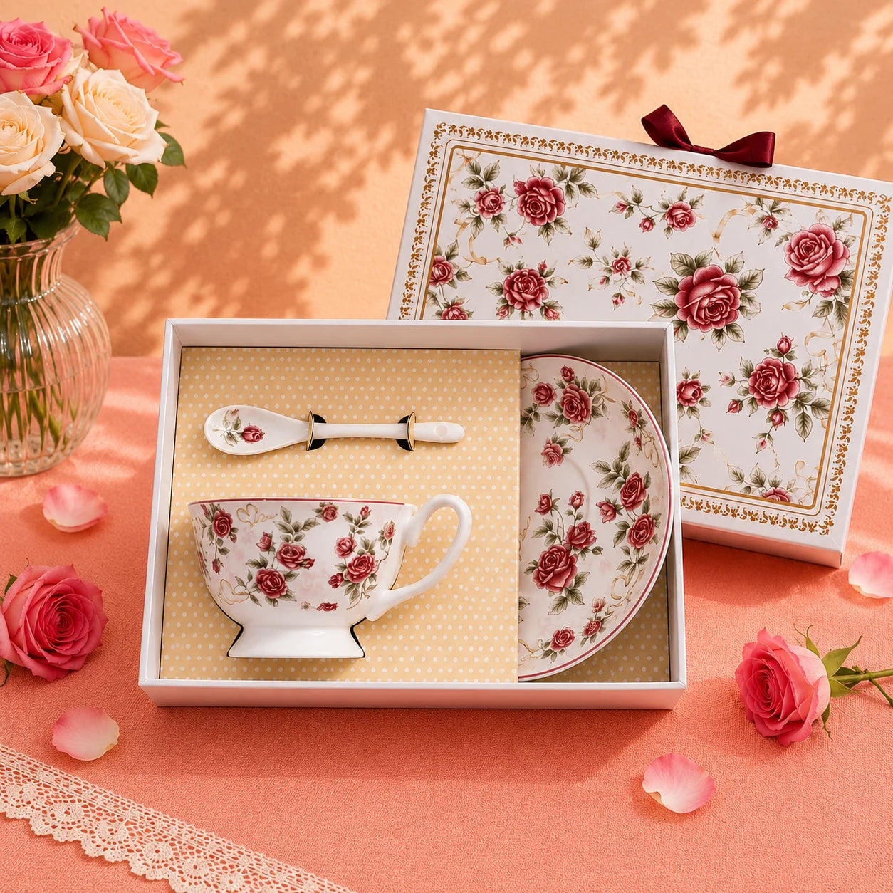 Pink  Ceramic Cup With Plate Set Rose Design Coffee Mug Ceramic Cup for Office Use Business Gift