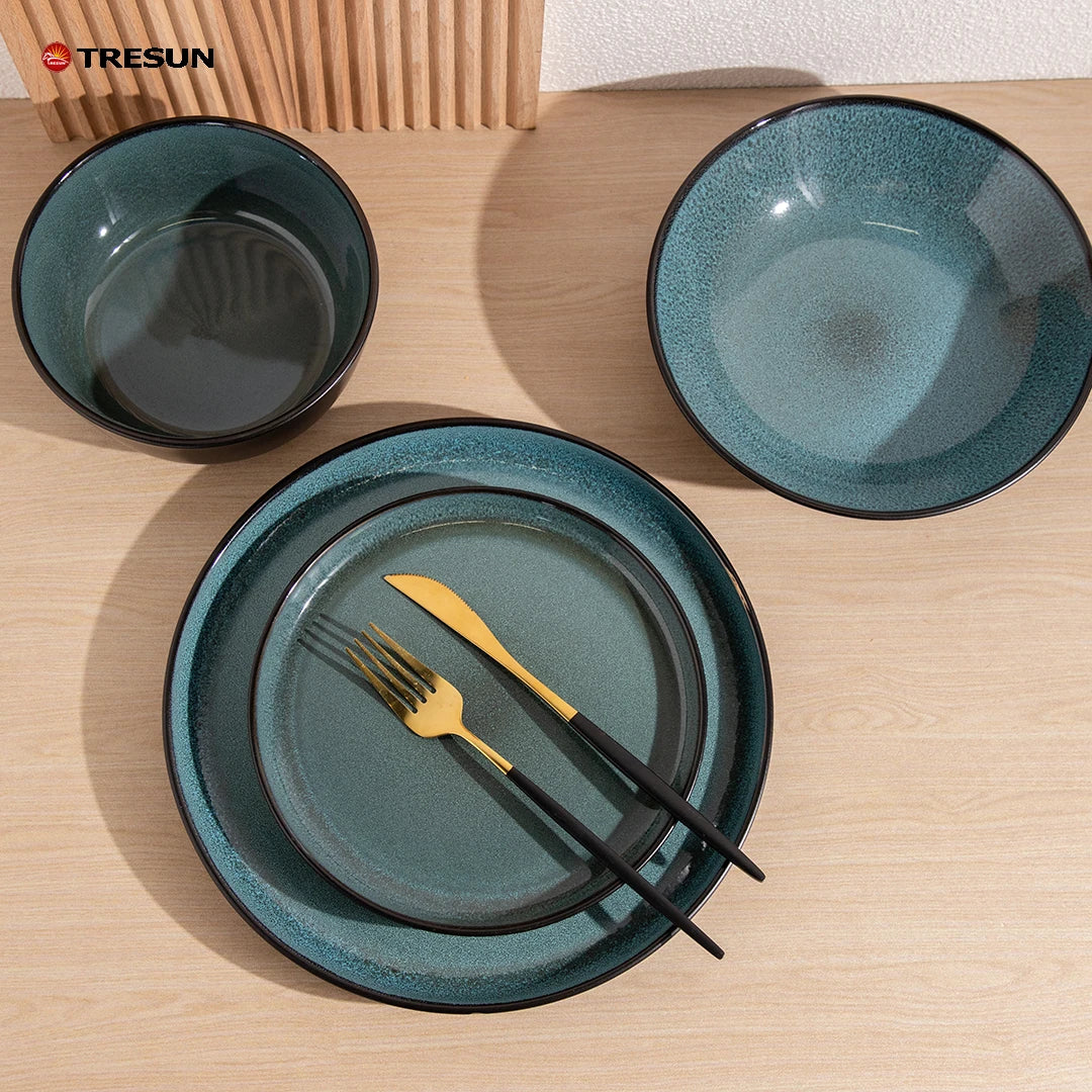 blue reactive galzed color china factory c grade low price cheap stoneware ceramic plates tableware dinnerware set