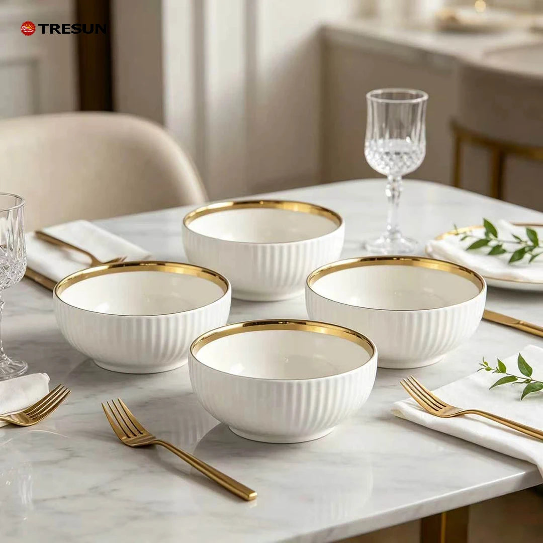 Wholesale Price Luxury White Golden Home Kitchen Food Restaurant Serving Rice Cereal Porcelain Ceramic Bowl