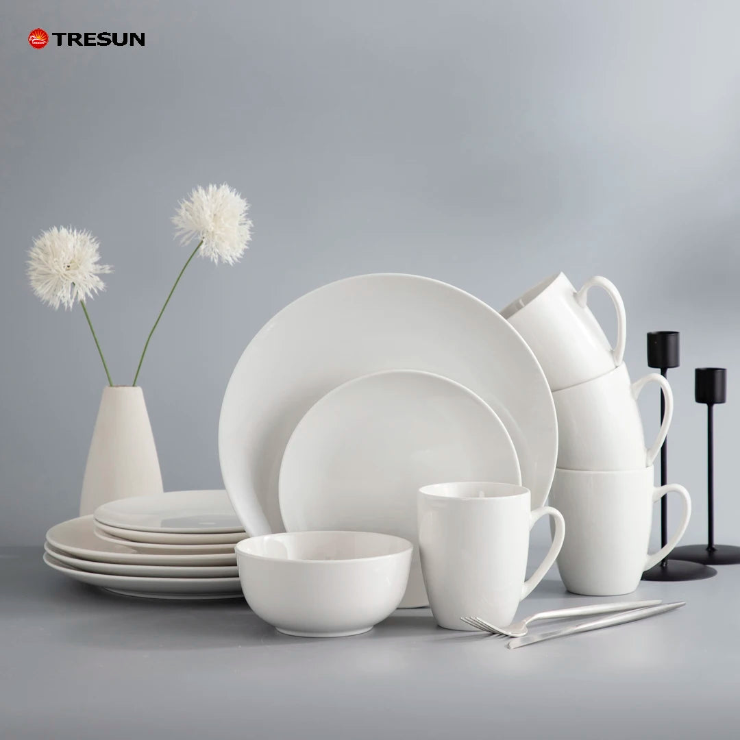 European Modern High Value 16 Piece Pure White Bone China Tableware Set Plates Bowls Dishes-Light Luxury for Simple Home