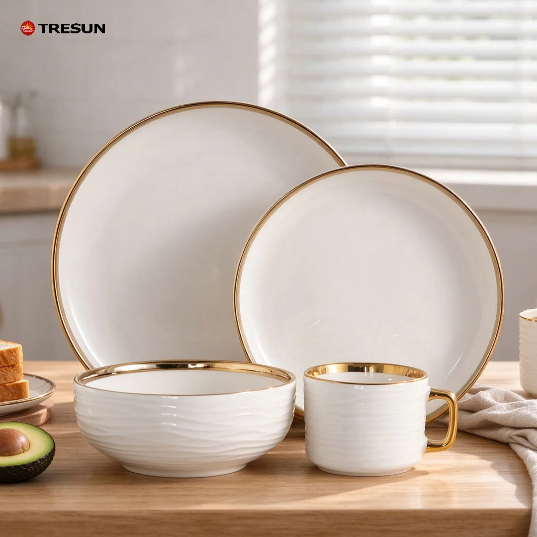 Modern Nordic Gold Trim Wavy Texture White Ceramic Dinner Set 4 Pieces Porcelain Dinner Plate Soup Bowl Coffee Mug For Wedding