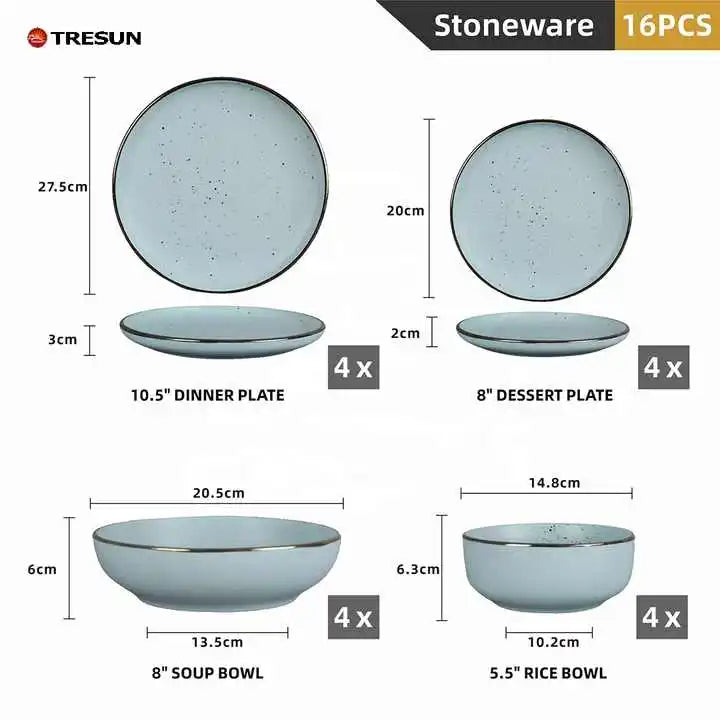 16 Pcs Premium Chinaware Set Ceramic Dinner Sets Matte Raw Edge Speckled Dinnerware Sets