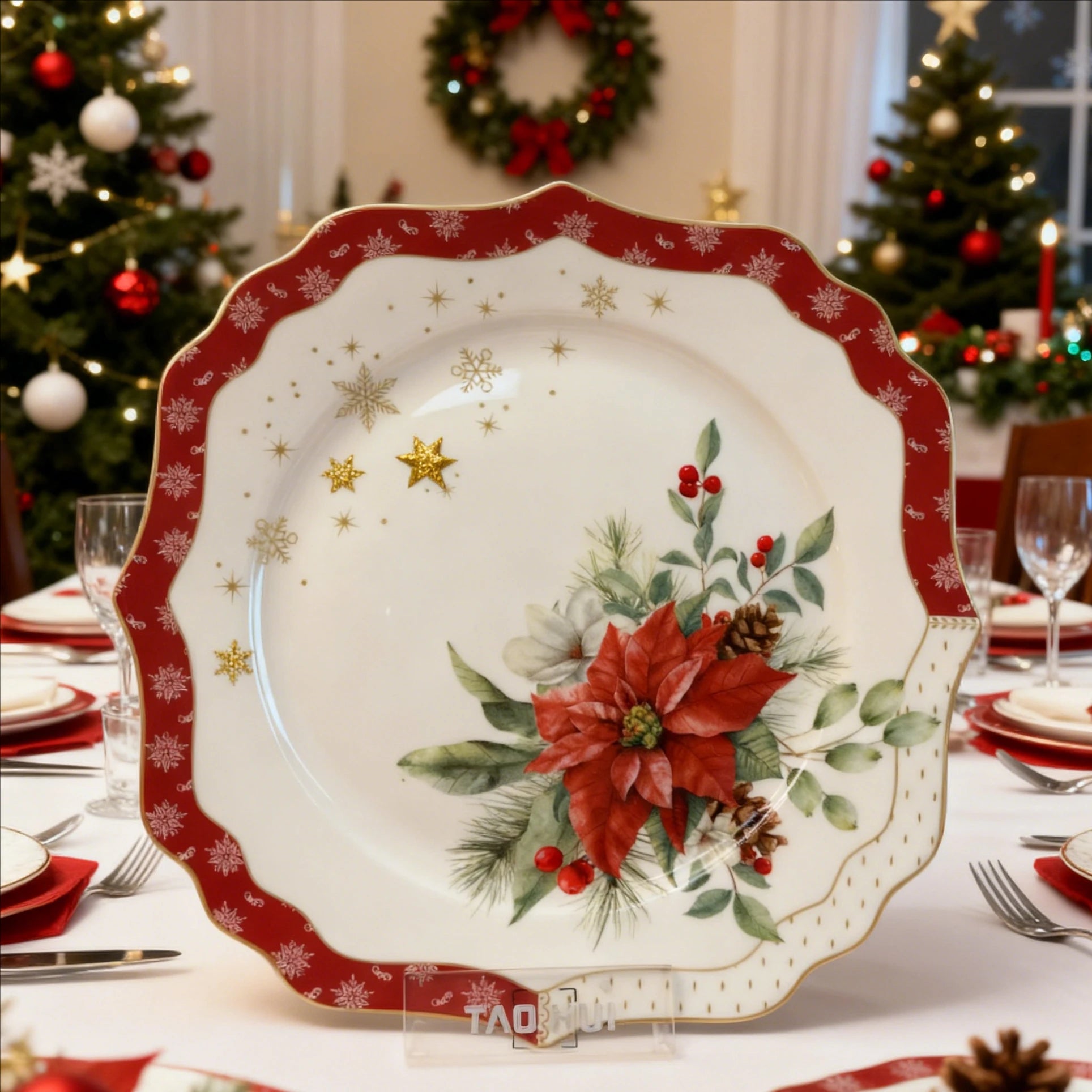 Elegant Christmas Scalloped Edge Porcelain Set with Red Snowflake Design Tea Coffee Cup & Saucer -  (Holiday Hosting Essential)