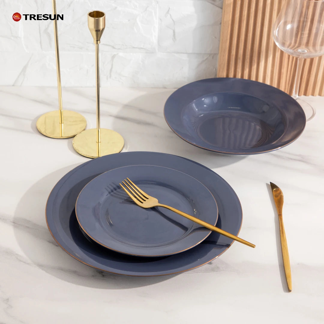 Wholesale TRESUN Classic Gold Rim Blue Glazed Porcelain Dinnerware Set 12-Piece Wedding Microwave & Dishwasher Safe Cheap Price