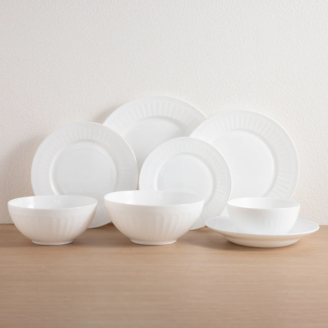 Vertical Fluted Opal Glass Dinnerware Set Beaded Rim Milky White Plates Bowls Wholesale Tableware