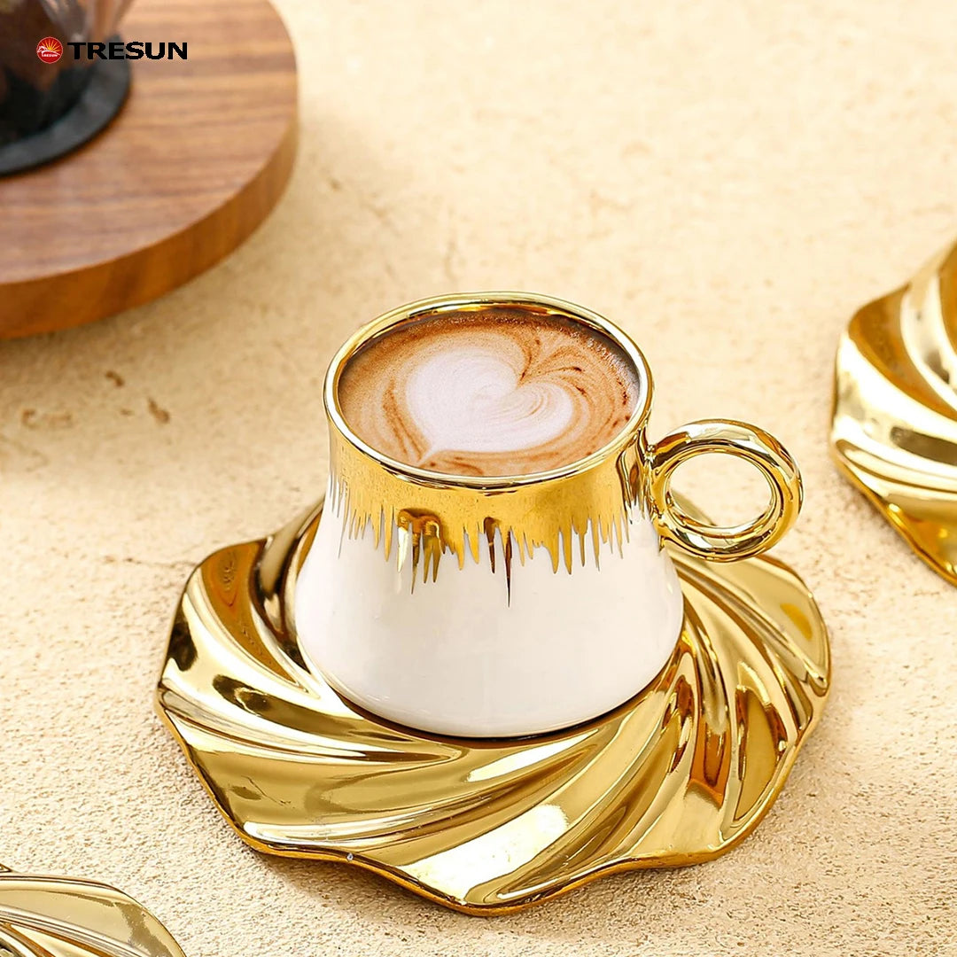 Modern Luxury Gold-Edged Turkish Coffee Cup Saucer Set Wave-Shaped Gold Plated Porcelain Mug 250ml Capacity Eco-Friendly