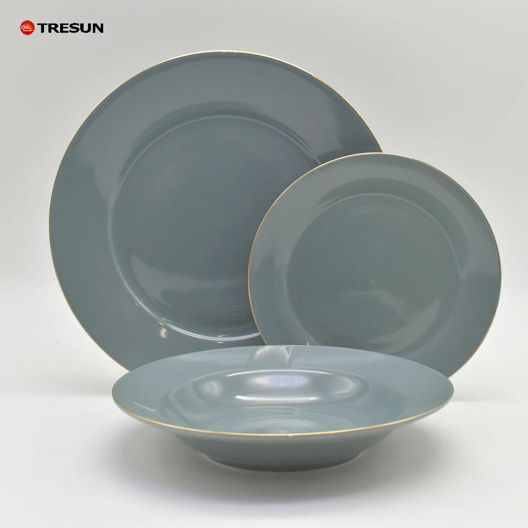 Wholesale TRESUN Classic Gold Rim Blue Glazed Porcelain Dinnerware Set 12-Piece Wedding Microwave & Dishwasher Safe Cheap Price