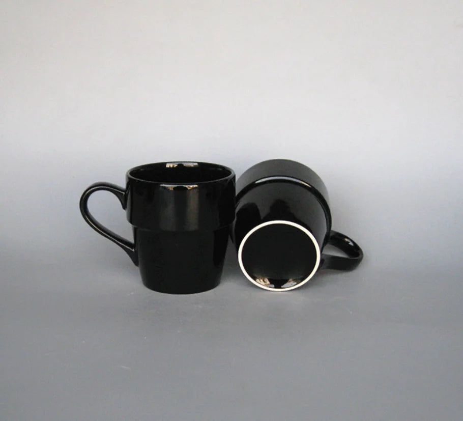 Black Glazed Stackable Ceramic Mug, Simple Tiered Coffee Milk Cup Custom Logo Print Wholesale for Supermarket Promotional Gifts