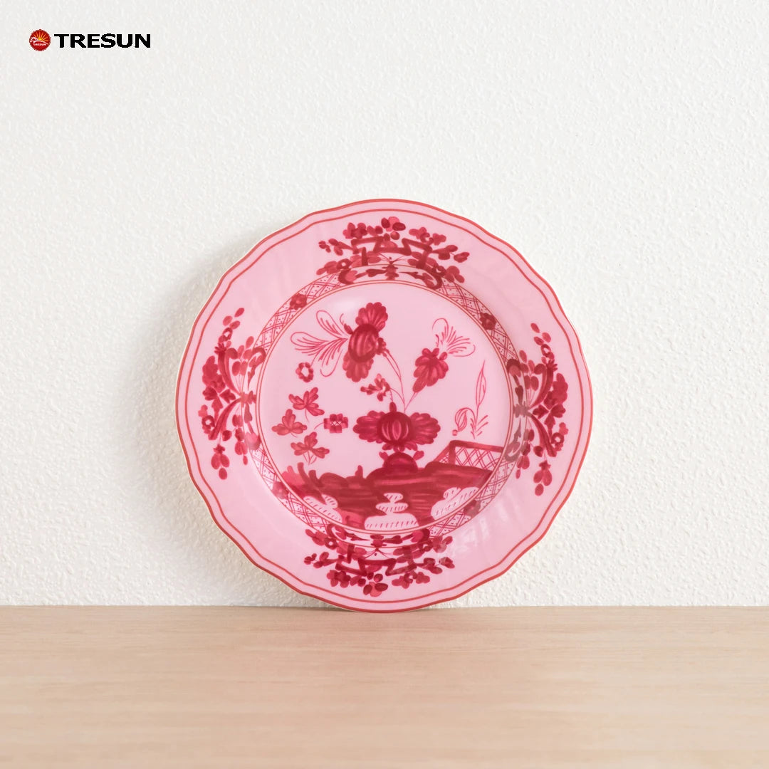 Pink Flower Wedding Dinnerware Set Wholesale Ceramic Charger Plate Collection Rental Porcelain Gold Rim Plate Dish