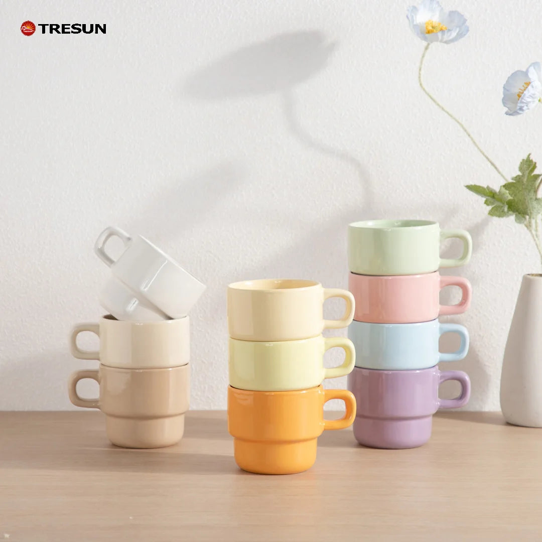 Tea Cup for Home Gift Custom Logo Wholesale Stackable Macaron Color Ceramic Coffee Mug Solid Glaze Porcelain Cup