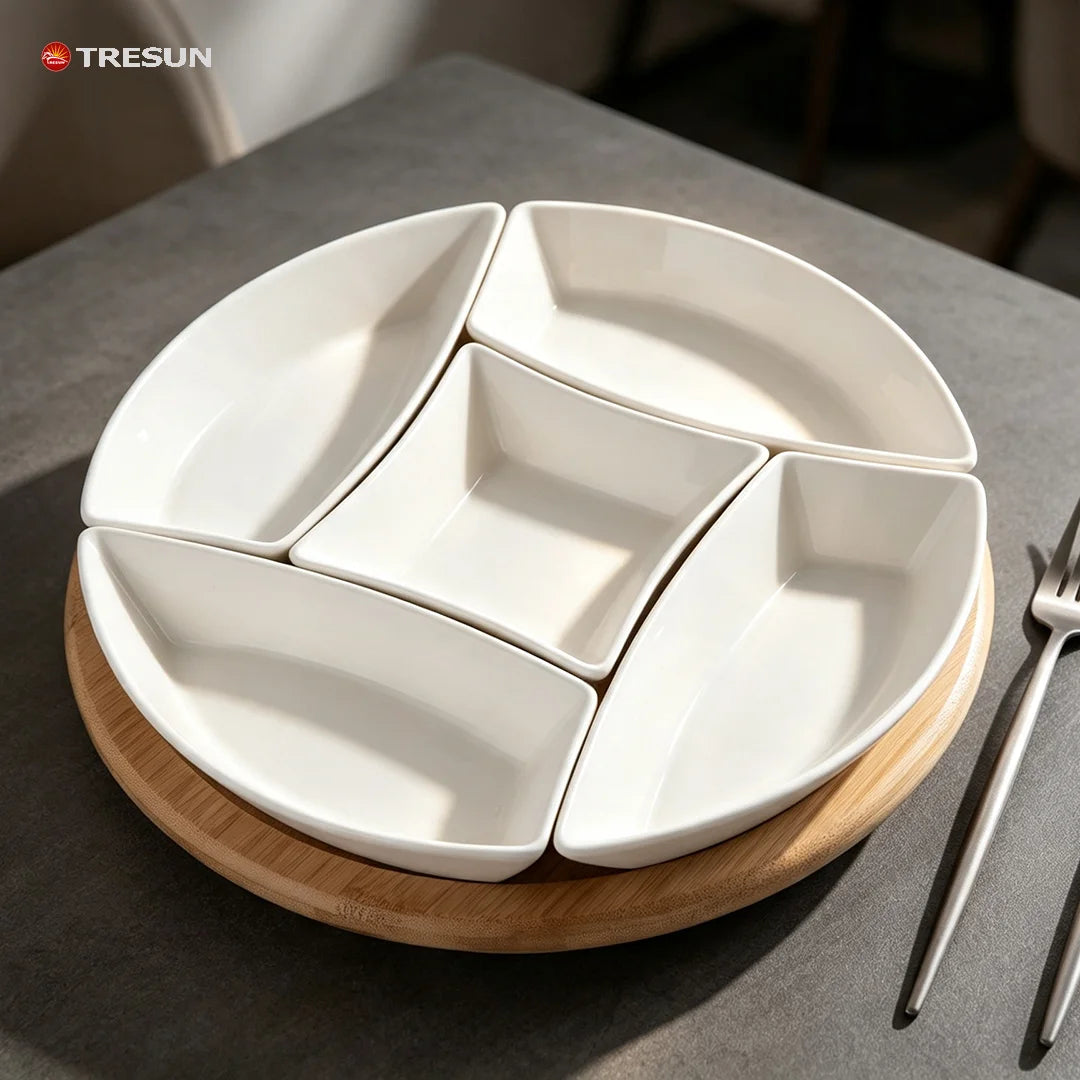 Wholesale 5 Pcs Divided Ceramic Snack Dishes Plates Set With Rotating Bamboo Serving Tray for Home Restaurant Party Wedding Use
