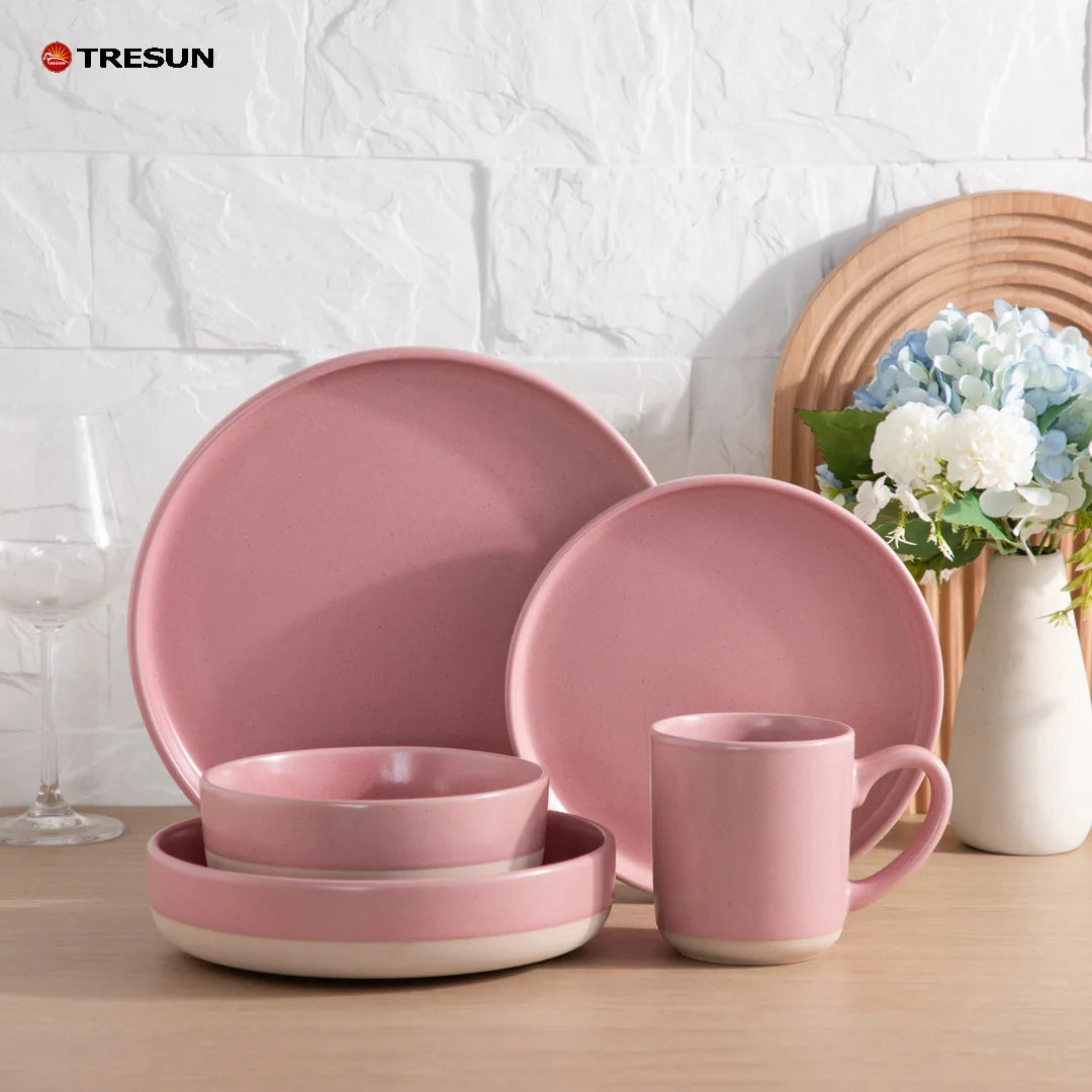 Pink Handmade Glaze Ceramic Dinnerware Set Two Tone Stoneware Plates Bowls Mugs for Home Restaurant Wholesale