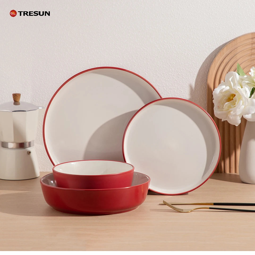 ceramic stoneware tableware two tone color hotel restaurant c grade china factory red and white double bowls and plates set