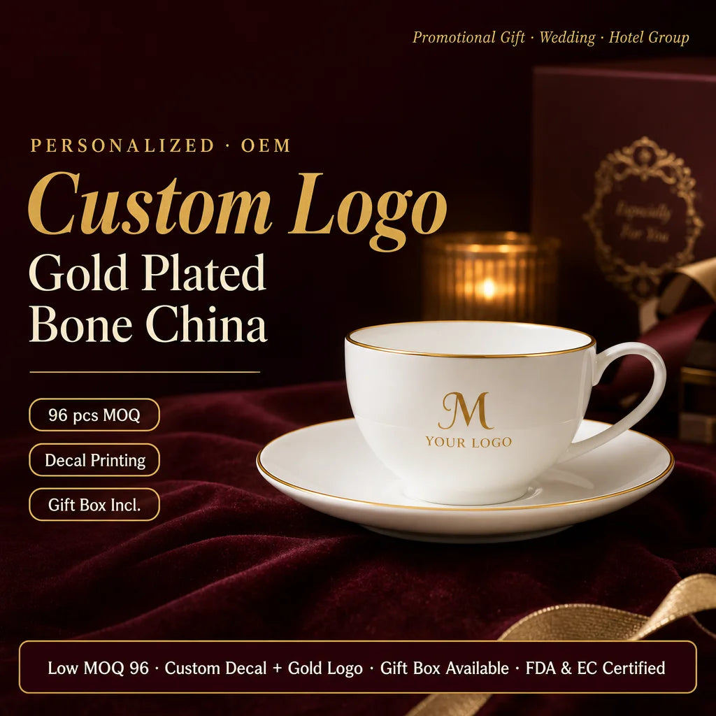 Customized Gold Plated Bone China Coffee Cup and Saucer OEM Logo Printing Personalized Promotional Gift Low MOQ 96