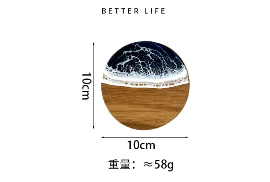 Ocean Wave Resin Acacia Wood Coasters Commercial Round Heat Resistant Cup Mats for Restaurant Hotel Wedding Banquet Wholesale
